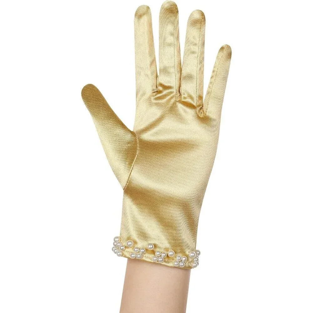 Women's Gold Satin Pearl Short Length Wrist Gloves Wedding Banquet Party Prom